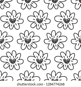 Vector hand drawn flowers hearts seamless pattern. Abstract repeated doodle sketch background. Valentines day, wedding design. Girlish romantic textile, clothes, wrapping paper. Black on white