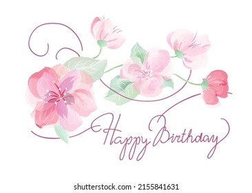flores dibujadas a mano vectorial aisladas en fondo blanco. flores con pétalos rosas y hojas verdes. Flores rosas. Feliz cumpleaños. Postal para las vacaciones. patrón de líneas delgadas alrededor de las flores