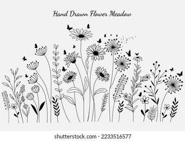 Vector Hand drawn flowers and leaf elements, Flower Meadow herbs, Vintage flowers doodle collection design, template, wedding card, greeting card, invitation, poster, postcard.