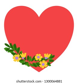 vector hand drawn flowers and leaves on big red heart