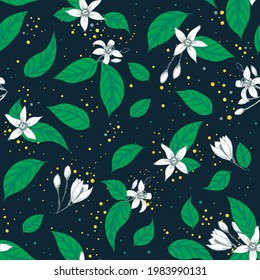 Vector hand drawn flowers and leaves dark seamless pattern print background.