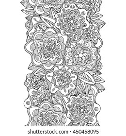 Vector hand drawn flowers and leaves seamless border. Doodle wavy decorative design element.