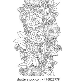 Vector hand drawn flowers and leaves seamless border. Doodle wavy decorative design element.