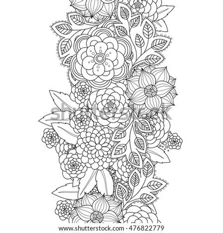 Vector hand drawn flowers and leaves seamless border. Doodle wavy decorative design element.
