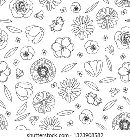 Vector hand drawn flowers: poppy, chamomile, tulip, pansies, aster, rose, sage.Vector sketching illustration.Seamless pattern.