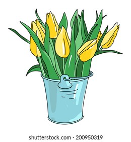 Vector hand drawn flowers tulips in bucket