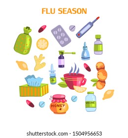 Vector hand drawn flu and virus concept with natural illness treatment elements. With honey, tea, lemon, orange, napkins, thermometer, warmer, nasal drops, pills, ginger and vaccine bottle. 