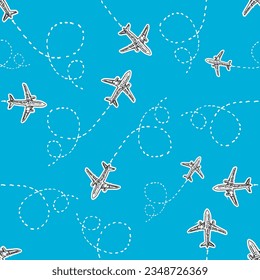 Vector Hand Drawn Flying Airplanes Seamless Pattern Design on Blue Background. Retro Vintage Style Plane Texture Background. Soaring Aerial Airship Vehicle Flying for Arrival Landing. Planes Texture.