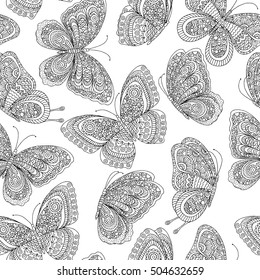 Vector hand drawn flying butterflies illustration for adult coloring book. Freehand sketch for adult anti stress coloring book page with doodle and zentangle elements.