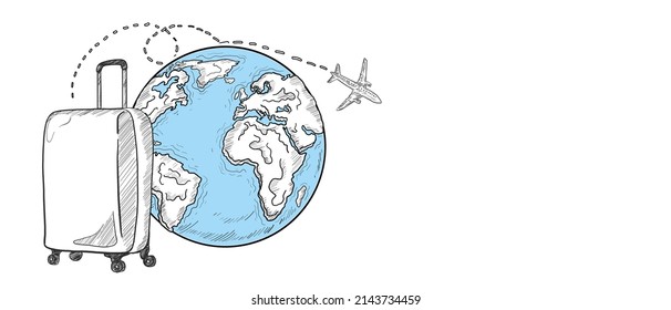 Vector Hand Drawn Flying Plane Traveling Around Planet Earth and Traveling Bag Baggage Globe Earth and clouds sky Add Your Own Text or Design in The Empty Place. Traveling,Tourism and Business Concept