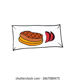 Vector hand drawn foie gras on plate. French cuisine dish. Design sketch element for menu cafe, bistro, restaurant, label and packaging. Colorful illustration on a white background.