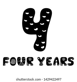 Vector hand drawn folk scandinavian number four. The inscription four years. Decorative graphic signs with marine elements. Typography Design Elements.