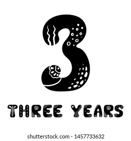 Vector hand drawn folk scandinavian number three. Three years inscription. Decorative graphic signs with marine elements. Typography Design Elements.