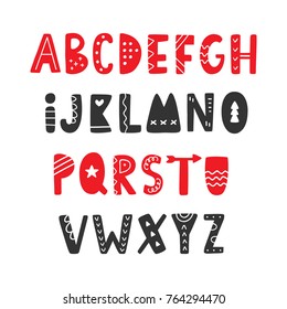 Vector Hand drawn Folk Scandinavian Font. English Alphabet. Decorative Letters Set. Typeface Design.