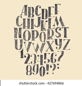 Vector hand drawn font, based on english hand drawn abc from a to z and numbers from 0 to 9. Capital font made with nib and serif, decorated hatch freehand alphabet . Isolated vector illustration. 