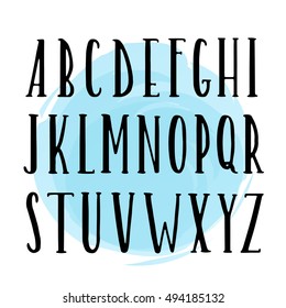 Vector Hand Drawn Font. Black ink on white isolated background with blue watercolor circle.