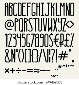 Vector hand drawn font. English alphabet with letters, digits and special typographic signs. Simple sketchy letters with round edges.
