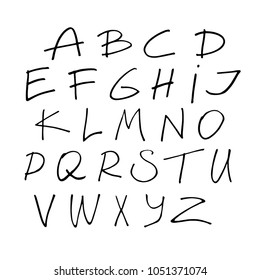 Vector hand drawn font. Handwritten alphabet, abc capital letters set isolated on white background. Handmade typography for logo, posters, invitations, cards design. Marker lettering.

