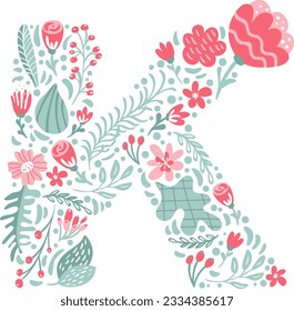 Vector Hand Drawn Font Letter K with Flowers and Branches Blossom Spring. Floral alphabet Typography uppercase Summer letter monogram or Logo Design wedding abc