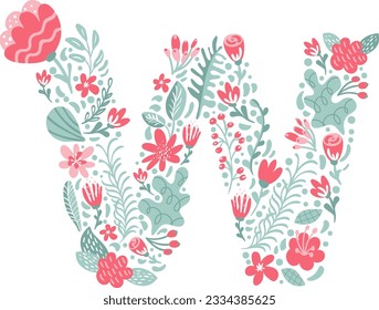 Vector Hand Drawn Font Letter W with Flowers and Branches Blossom Spring. Floral alphabet Typography uppercase Summer letter monogram or Logo Design wedding abc