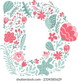 Vector Hand Drawn Font Letter D with Flowers and Branches Blossom Spring. Floral alphabet Typography uppercase Summer letter monogram or Logo Design wedding abc