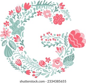 Letra G de letra dibujada a mano con vectores con resorte de flores y ramas. Alfabeto floral Tipografía mayúscula Letra de verano monograma o logotipo Diseño etiqueta de boda