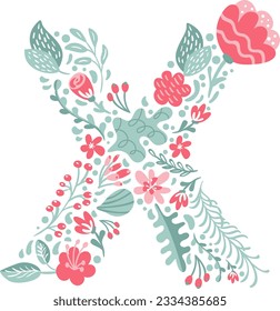 Vector Hand Drawn Font Letter X with Flowers and Branches Blossom Spring. Floral alphabet Typography uppercase Summer letter monogram or Logo Design wedding abc