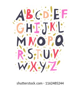 Vector hand drawn font, letters set. ABC, alphabet. Clipart, isolated vector letters and decor elements