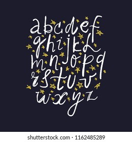Vector hand drawn font, letters set. ABC, alphabet. Clipart, isolated vector letters and decor elements