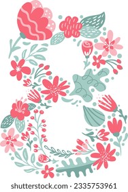 Vector Hand Drawn Font Number 8 eight with Flowers and Branches Blossom Spring. Floral alphabet Typography Summer letter monogram or Logo Design wedding abc