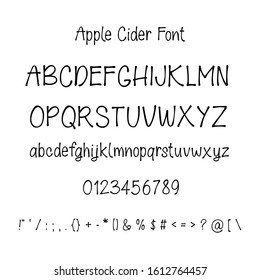 Vector hand drawn font with numbers and punctuation isolated on white background