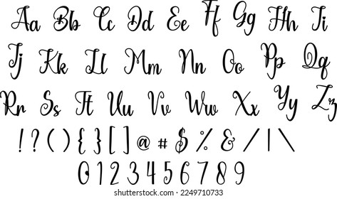 Vector hand drawn font with numbers and punctuation isolated on white background.eps