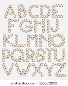 Vector hand drawn font of pearls with golden frame made in realistic style. Type for card, poster, banner, print for t-shirt.