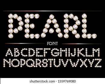 Vector hand drawn font of pearls with golden frame made in realistic style. Type for card, poster, banner, print for t-shirt.