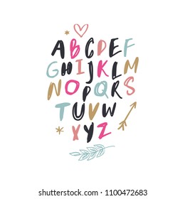Vector hand drawn font set. ABC, alphabet. Clipart, isolated vector letters and decor elements.