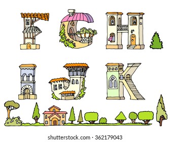 Vector Hand Drawn Fonts.The original English language alphabet.Set of uppercase alphabet letters.Hand drawn font,letters in houses shape.Handwriting Alphabets with  trees and shrubs