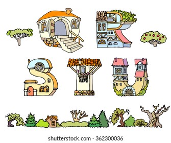 Vector Hand Drawn Fonts.The original English language alphabet.Set of uppercase alphabet letters.Hand drawn font,letters in houses shape.Handwriting Alphabets with  trees