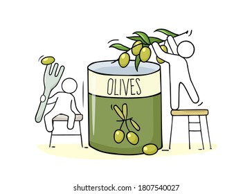 Vector hand drawn food concept - people with olives and can. Cartoon illustration about summer and healthy food.
