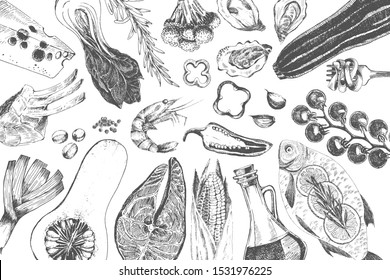plantilla de diseño de alimentos dibujado a mano vectorial. carne, pescado, marisco, verduras y quesos. menú de salmón, costilla, ostras, trucha y camarones. ingredientes orgánicos saludables de la dieta