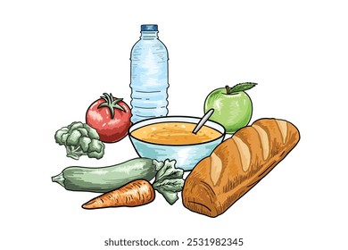 Vector dibujado a mano Elementos de diseño de alimentos aislados Set Colección sobre fondo blanco.  Dibujos a mano de estilo Antiguas. Botella de agua, pan, tazón de sopa, una manzana verde, tomate, calabacín, brócoli y zanahoria. 