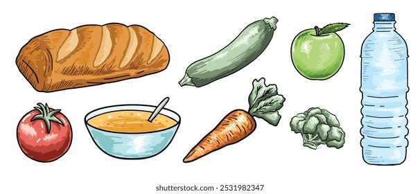 Vector dibujado a mano Elementos de diseño de alimentos aislados Set Colección sobre fondo blanco.  Dibujos a mano de estilo Antiguas. Botella de agua, pan, tazón de sopa, una manzana verde, tomate, calabacín, brócoli y zanahoria. 