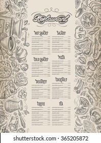 vector hand drawn food, drink sketch and restaurant, cafe, menu doodle