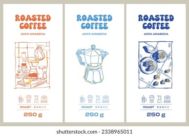 Vector hand drawn food and drinks packaging label design templates for cafe or restaurant