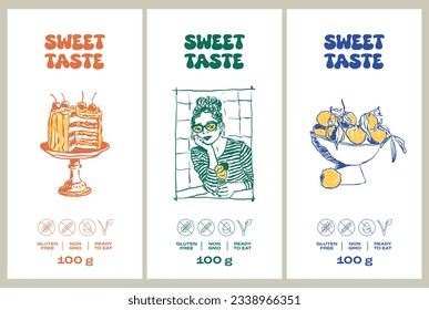 Vector hand drawn food and drinks packaging label design templates for cafe or restaurant