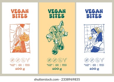 Vector hand drawn food and drinks packaging label design templates for cafe or restaurant