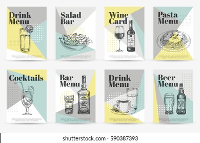 Vector hand drawn food and drinks posters. Vintage style menu. Retro food background. Sketch