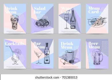 Vector hand drawn food and drinks posters. Vintage style menu. Retro food background. Sketch style.