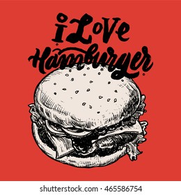 Vector Hand Drawn Food Illustrated. "i love hamburger".