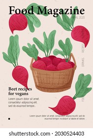 Vector hand drawn food magazine cover design with basket full of ripe beetroots. Veggie beetroot packaging design in cartoon style. Organic beets with leaves for autumn farm market design.