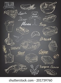 vector hand drawn food and meal on black background